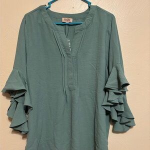 Gigio Green Mandarin Collar Ruffled Blouse